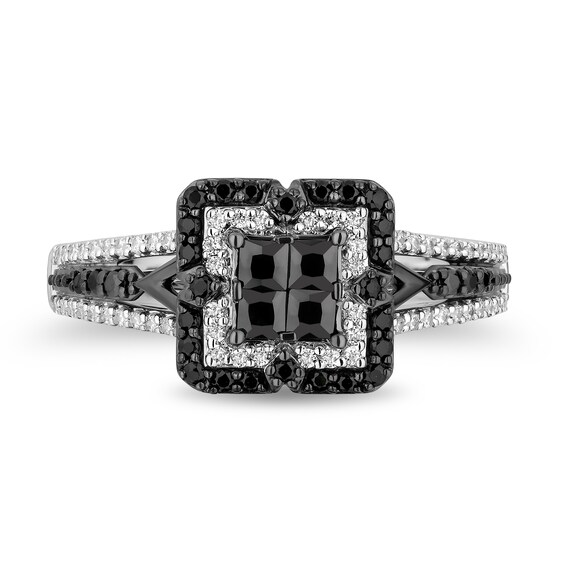 Enchanted Disney Villains Maleficent 1 CT. T.w. Black and White Quad Diamond Frame Engagement Ring in 14K White Gold