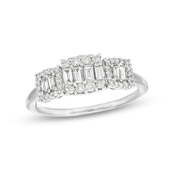 1/2 CT. T.w. Cushion-Shaped Multi-Diamond Three Stone Ring in 10K White Gold
