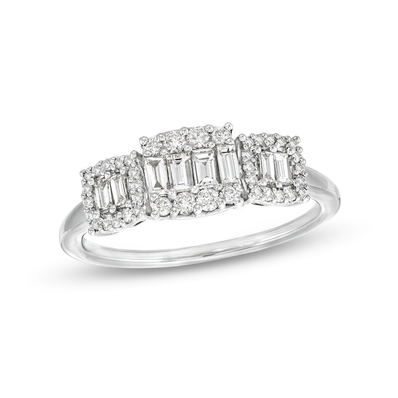 Main Image 1 of 1/2 CT. T.W. Cushion-Shaped Multi-Diamond Three Stone Ring in 10K White Gold
