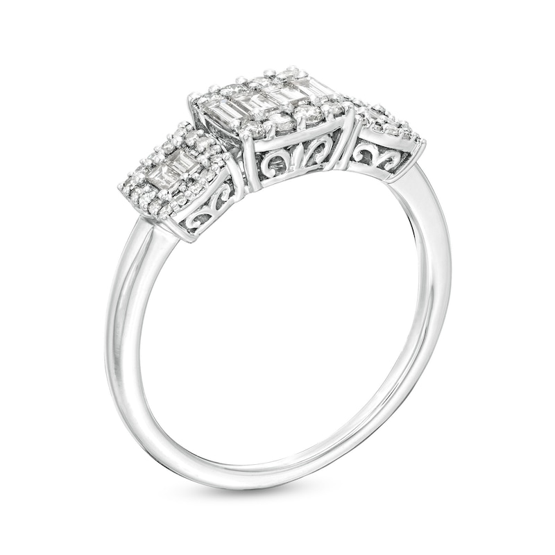 Main Image 3 of 1/2 CT. T.W. Cushion-Shaped Multi-Diamond Three Stone Ring in 10K White Gold