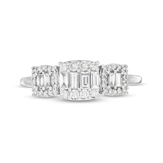 1/2 CT. T.w. Cushion-Shaped Multi-Diamond Three Stone Ring in 10K White Gold