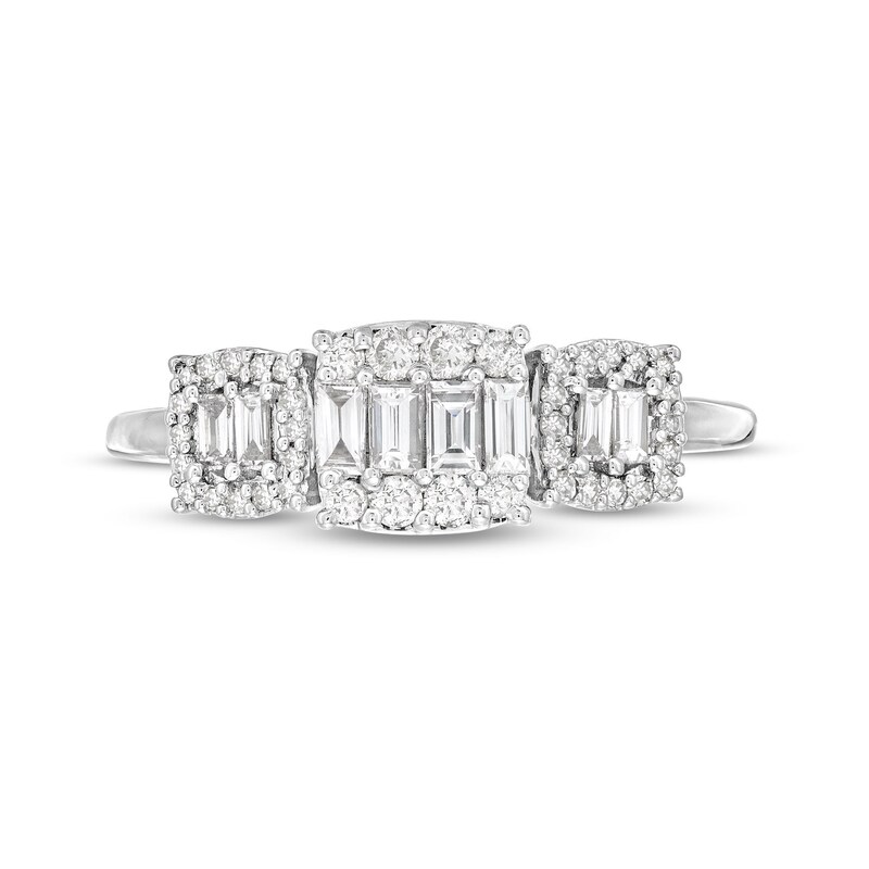 Main Image 4 of 1/2 CT. T.W. Cushion-Shaped Multi-Diamond Three Stone Ring in 10K White Gold