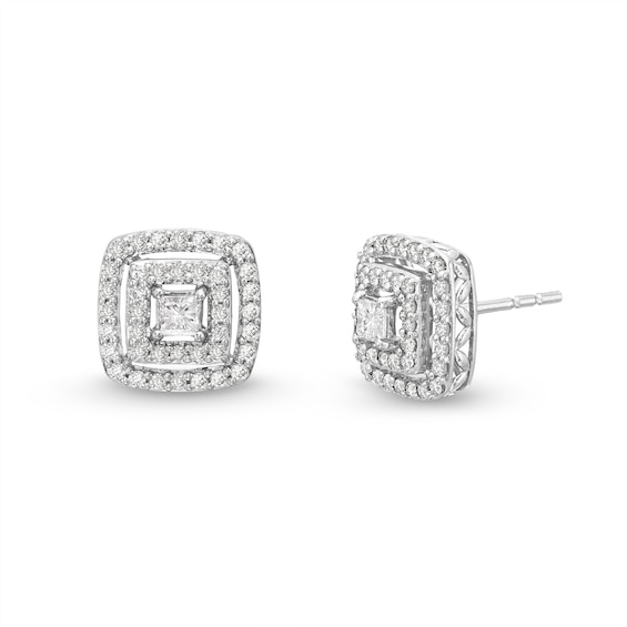 1 CT. T.w. Princess-Cut Diamond Double Cushion-Shaped Frame Stud Earrings in 10K White Gold