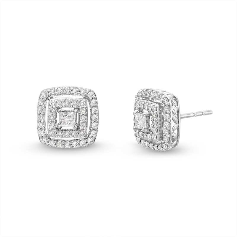 Main Image 1 of 1 CT. T.W. Princess-Cut Diamond Double Cushion-Shaped Frame Stud Earrings in 10K White Gold