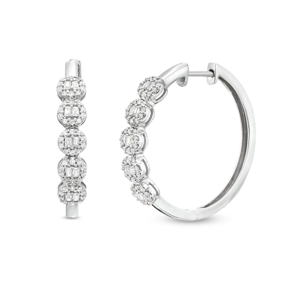 1/2 CT. T.w. Multi-Diamond Five Stone Hoop Earrings in 10K White Gold