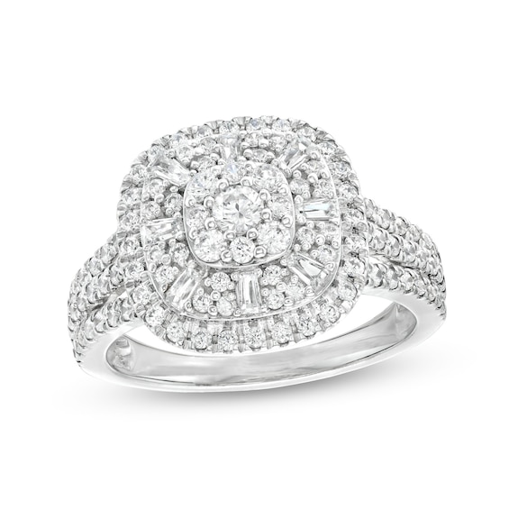 1 CT. T.w. Cushion-Shaped Multi-Diamond Double Frame Triple Row Ring in 10K White Gold