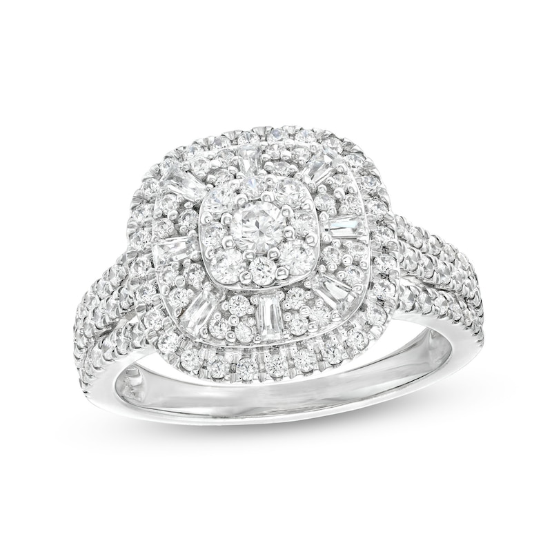 Main Image 1 of 1 CT. T.W. Cushion-Shaped Multi-Diamond Double Frame Triple Row Ring in 10K White Gold