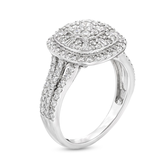 1 CT. T.w. Cushion-Shaped Multi-Diamond Double Frame Triple Row Ring in 10K White Gold