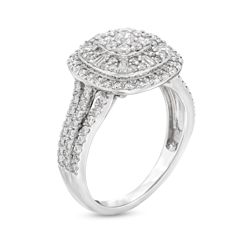 Main Image 3 of 1 CT. T.W. Cushion-Shaped Multi-Diamond Double Frame Triple Row Ring in 10K White Gold