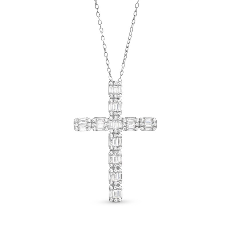 Main Image 1 of 3/4 CT. T.W. Emerald-Shaped Multi-Diamond Cross Pendant in 10K White Gold
