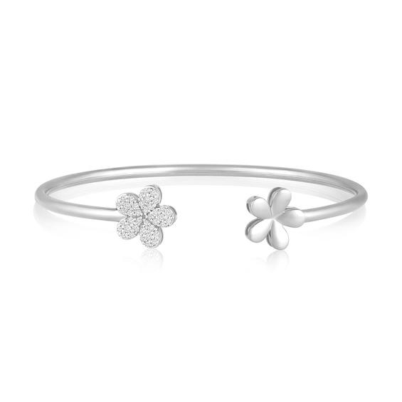 1/3 CT. T.w. Diamond Flower Open Bangle in 10K White Gold