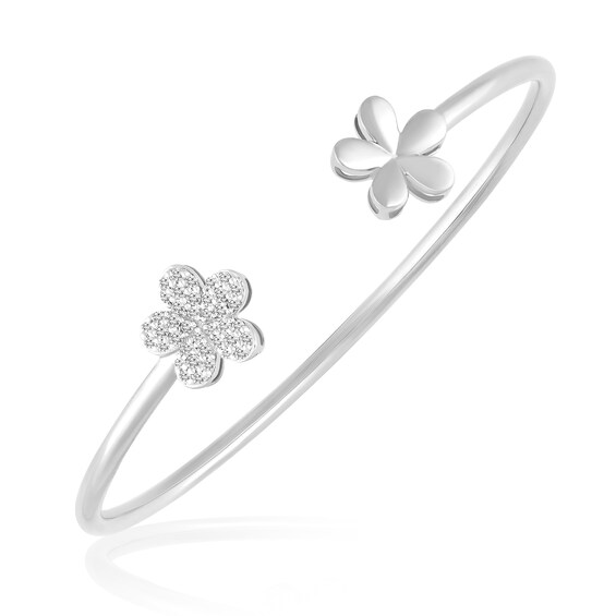 1/3 CT. T.w. Diamond Flower Open Bangle in 10K White Gold
