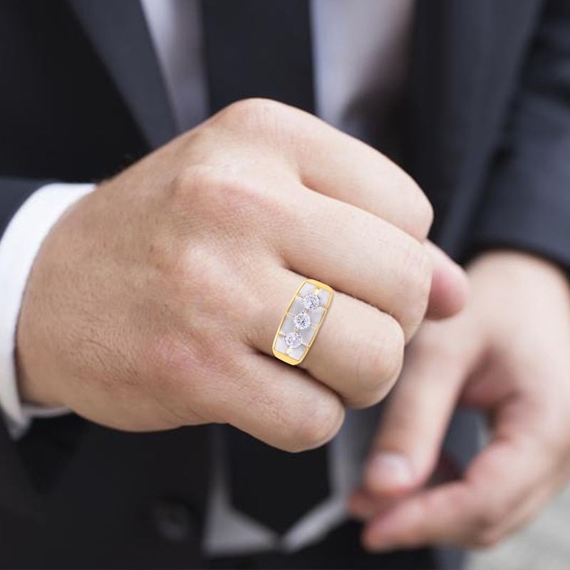 Main Image 2 of 1 CT. T.W. Diamond Three Stone Satin Grid Ring in 10K Two-Tone Gold