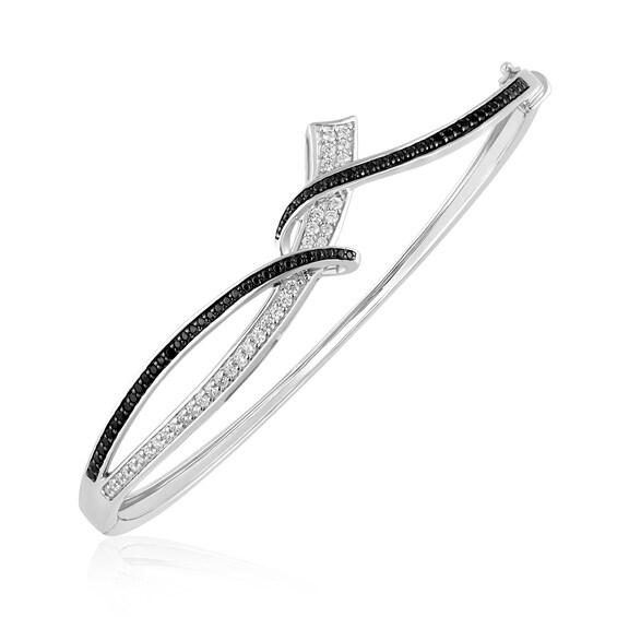 3/4 CT. T.w. Black and White Diamond Ribbon Wrap Bangle in 10K White Gold