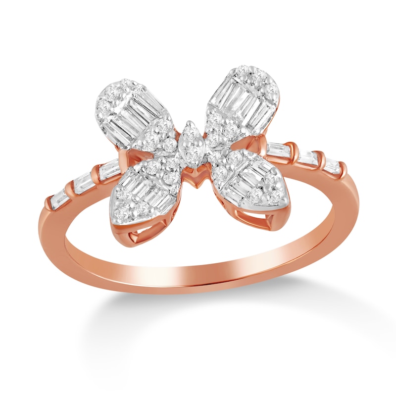 Main Image 4 of 1/2 CT. T.W. Multi-Diamond Butterfly Ring in 10K Rose Gold