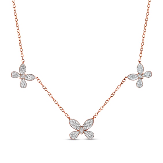 1/2 CT. T.w. Diamond Butterfly Trio Station Necklace in 10K Rose Gold