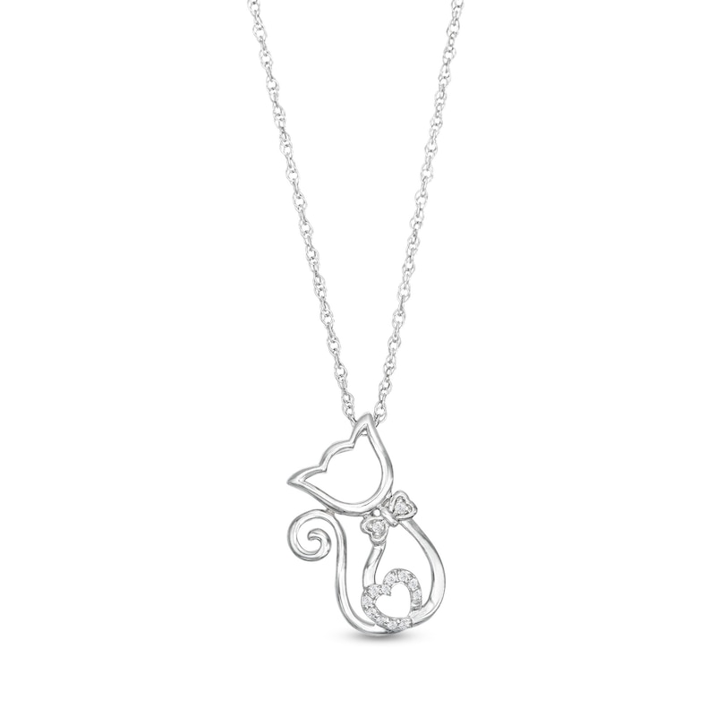 Main Image 1 of 1/20 CT. T.W. Diamond Cat with Bow Tie and Loop Heart Tail Pendant in Sterling Silver