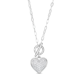 Jewelili Heart, Lock and Key Charm Pendant Toggle Necklace with Natural White Diamond in Sterling Silver 1/5 Cttw