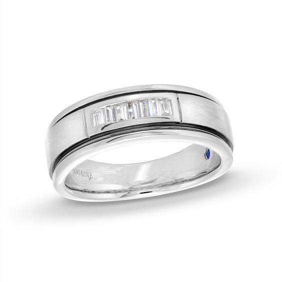 Vera Wang Men's 1/4 CT. T.w. Baguette Diamond Deep Groove Wedding Band in 14K White Gold