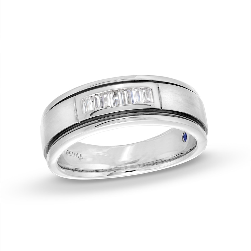 Main Image 1 of Men's Vera Wang Love Collection 1/4 CT. T.W. Baguette Diamond Deep Groove Wedding Band in 14K White Gold