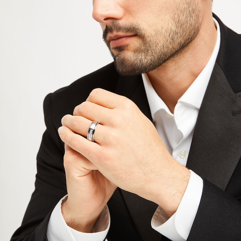 Main Image 2 of Men's Vera Wang Love Collection 1/4 CT. T.W. Baguette Diamond Deep Groove Wedding Band in 14K White Gold