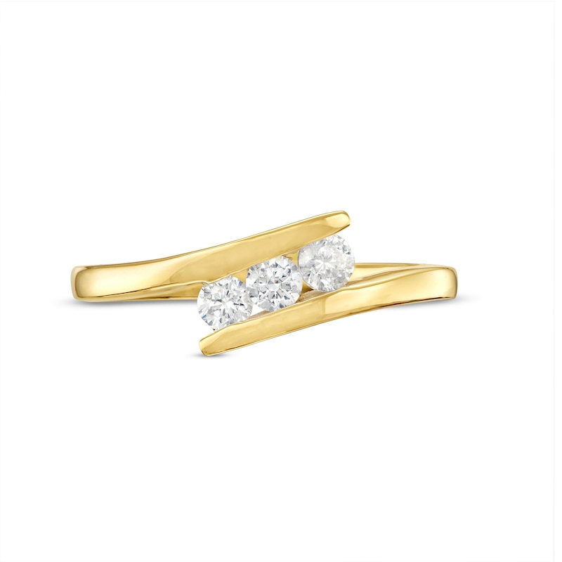 Main Image 4 of 1/3 CT. T.W. Diamond Slant Three Stone Bypass Ring in 10K Gold