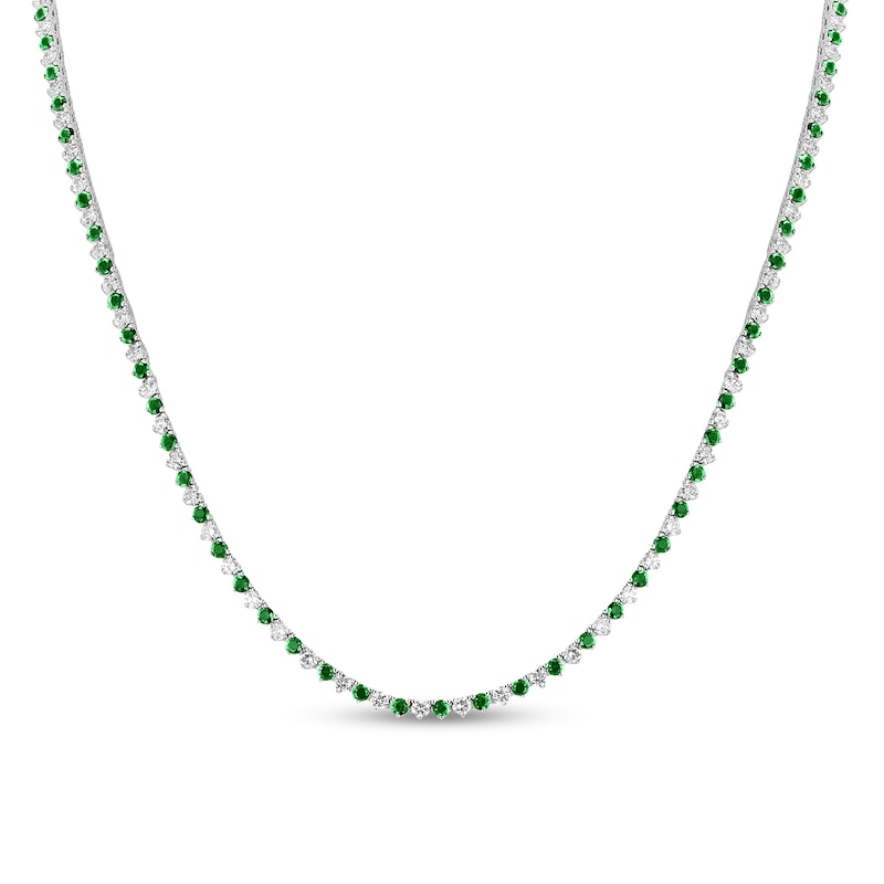 Main Image 1 of Emerald and 3.91 CT. T.W. Diamond Alternating Tennis Necklace in 14K White Gold