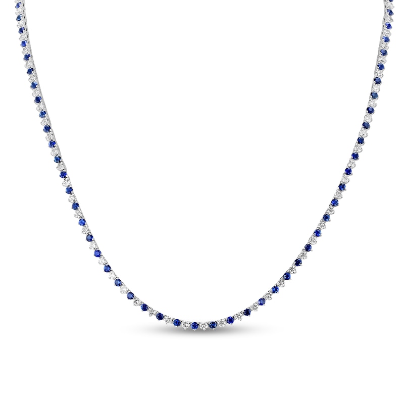 Main Image 1 of Blue Sapphire and 3.91 CT. T.W. Diamond Alternating Tennis Necklace in 14K White Gold