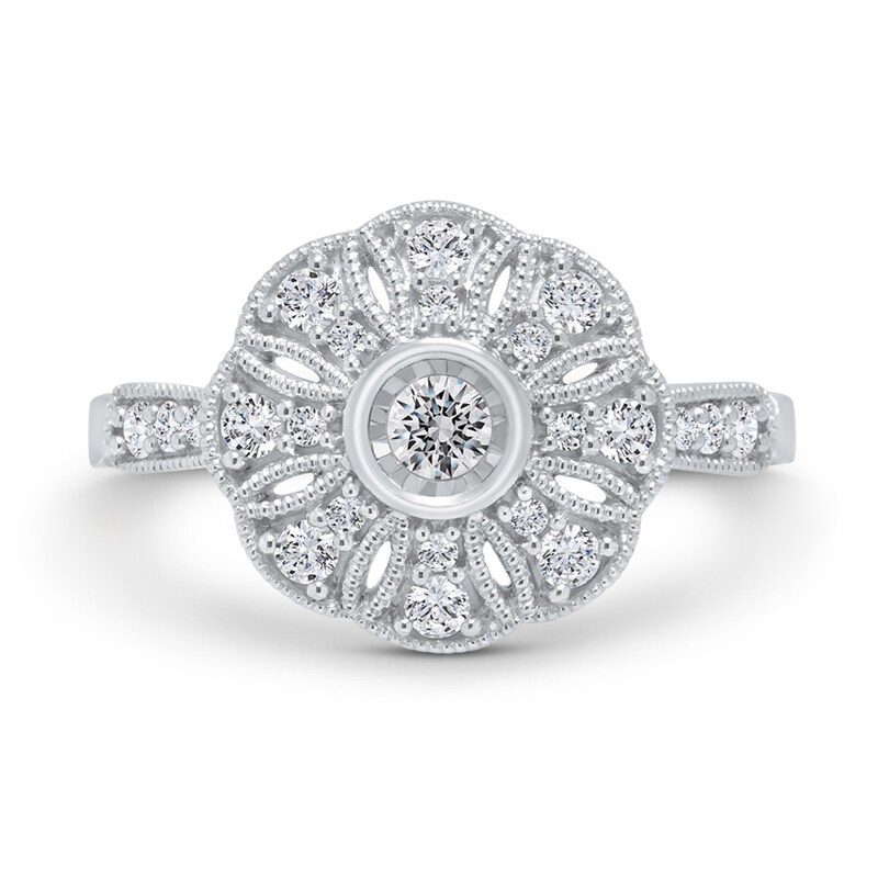Main Image 3 of 3/8 CT. T.W. Diamond Vintage-Style Flower Ring in 10K White Gold