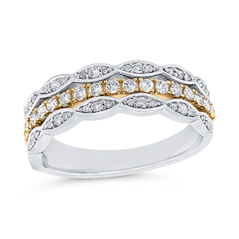 Main Image 1 of 3/8 CT. T.W. Marquise Multi-Diamond Triple Row Stacked Ring in 10K Two-Tone Gold