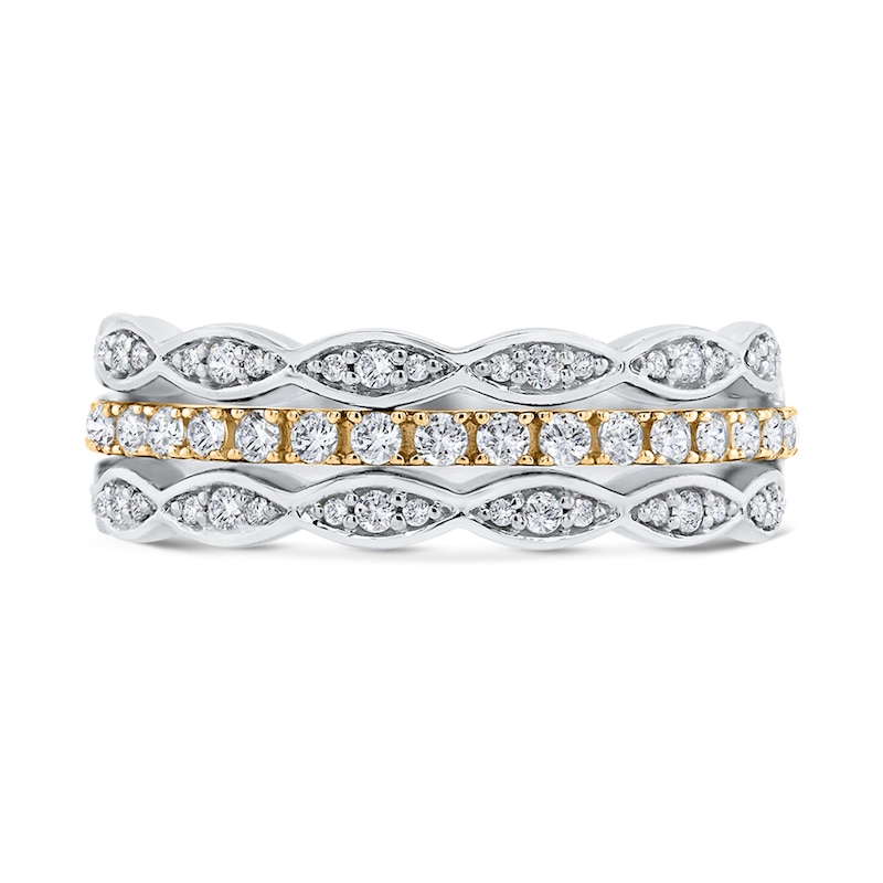 Main Image 3 of 3/8 CT. T.W. Marquise Multi-Diamond Triple Row Stacked Ring in 10K Two-Tone Gold