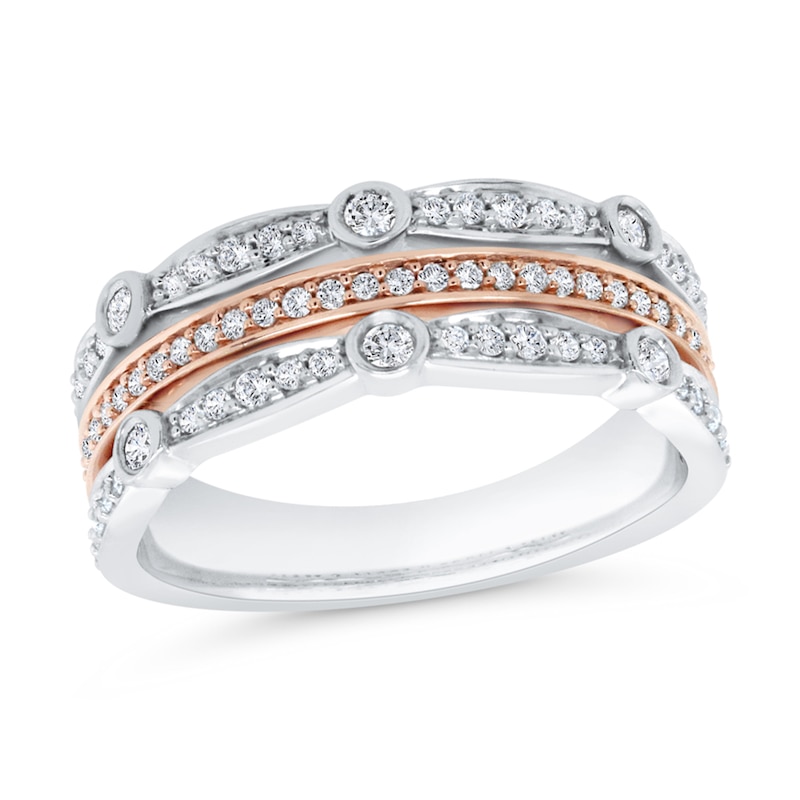 Main Image 1 of 3/8 CT. T.W. Diamond Multi-Row Stacked Ring in 10K Two-Tone Gold