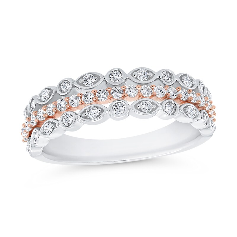 Main Image 1 of 1/2 CT. T.W. Diamond Art Deco Multi-Row Stacked Ring in 10K Two-Tone Gold