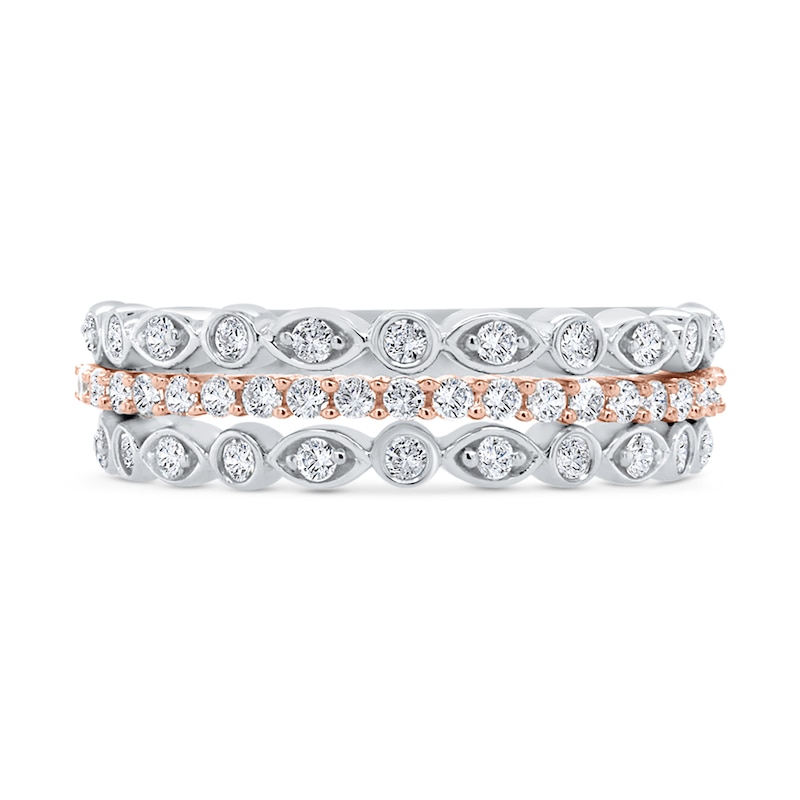 Main Image 4 of 1/2 CT. T.W. Diamond Art Deco Multi-Row Stacked Ring in 10K Two-Tone Gold