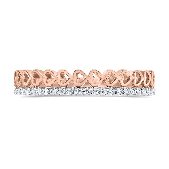 1/8 CT. T.w. Diamond Edge and Hearts Double Row Stackable Band in 10K Rose Gold