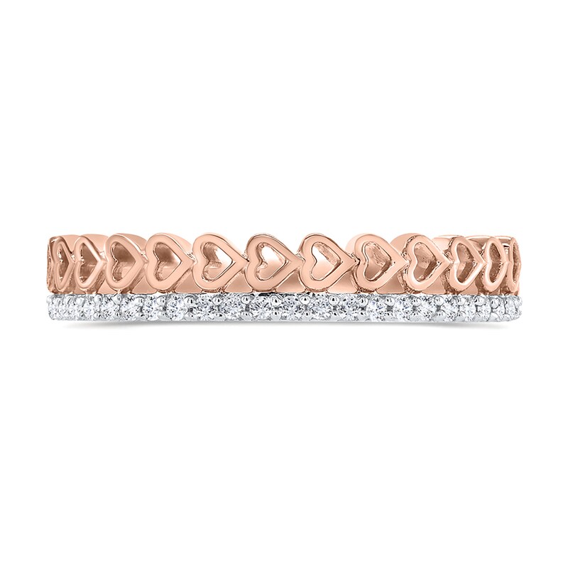 Main Image 4 of 1/8 CT. T.W. Diamond Edge and Hearts Double Row Stackable Band in 10K Rose Gold