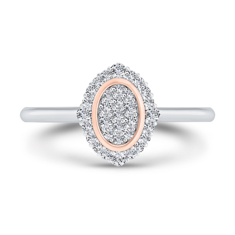 Main Image 1 of 1/6 CT. T.W. Oval Multi-Diamond Ornate Frame Ring in 10K Two-Tone Gold