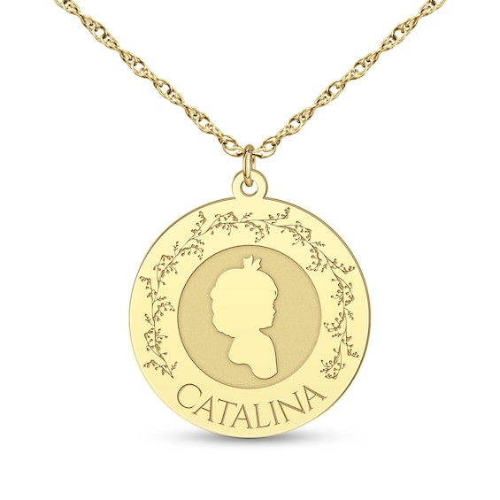 Girl Silhouette with Flower Frame Engravable Disc Pendant (1 Line and Flower)