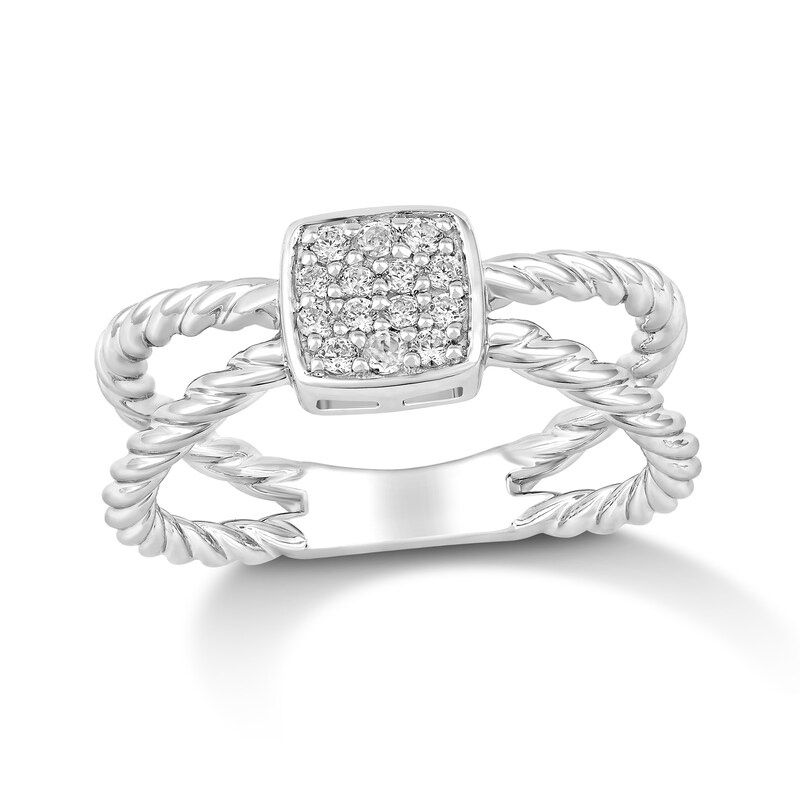 Main Image 1 of 1/6 CT. T.W. Cushion Multi-Diamond Single Orbit Rope Shank Ring in 10K White Gold