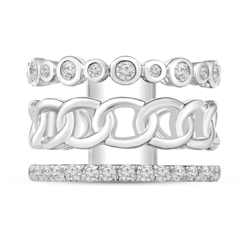 Main Image 4 of 1 CT. T.W. Diamond, Bezel and Chain Triple Row Ring in 10K White Gold