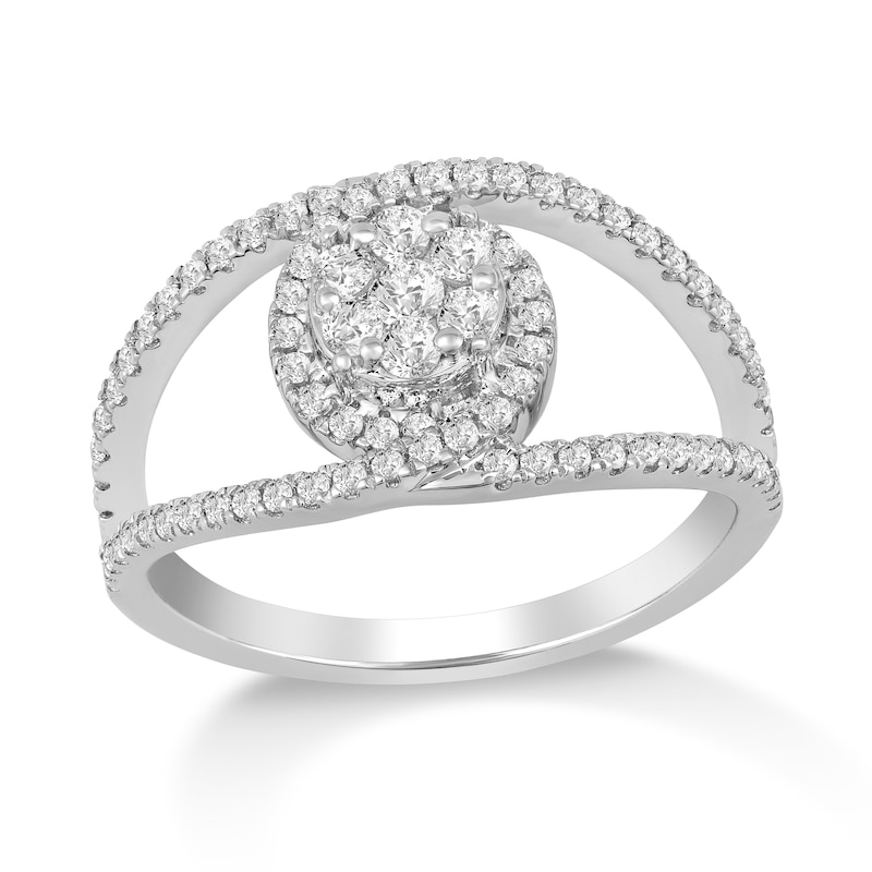 Main Image 1 of 1/2 CT. T.W. Multi-Diamond Interlocking Frame Open Shank Ring in 10K White Gold