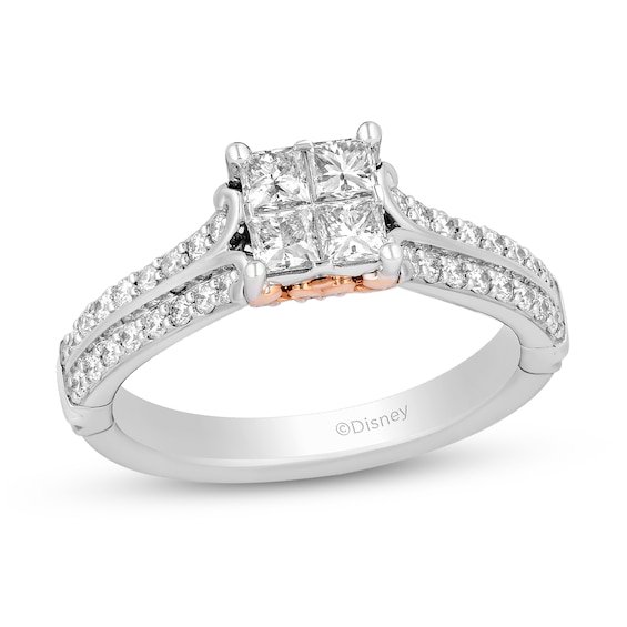 Enchanted Disney 1 CT. T.w. Quad Princess-Cut Diamond Double Row Engagement Ring in 14K Two-Tone Gold (I/I1)