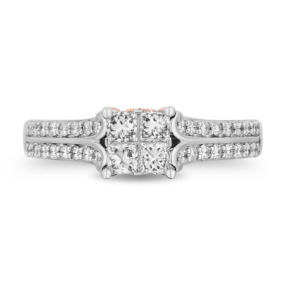 Enchanted Disney 1 CT. T.w. Quad Princess-Cut Diamond Double Row Engagement Ring in 14K Two-Tone Gold (I/I1)