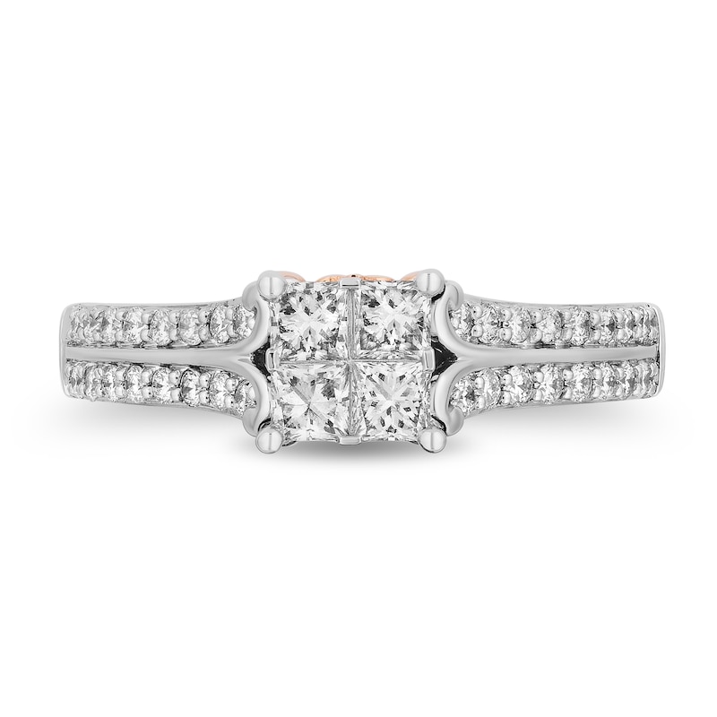 Main Image 4 of Enchanted Disney 1 CT. T.W. Quad Princess-Cut Diamond Double Row Engagement Ring in 14K Two-Tone Gold (I/I1)