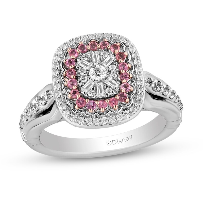 Main Image 1 of Enchanted Disney Aurora 1/2 CT. T.W. Emerald Multi-Diamond and Tourmaline Frame Engagement Ring in 14K Two-Tone Gold