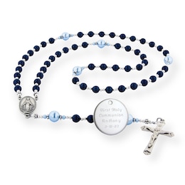Simulated Pearl and Polished Bead Rosary with Virgin Mary and Engravable Disc Necklace (5 Lines and 1 Color)