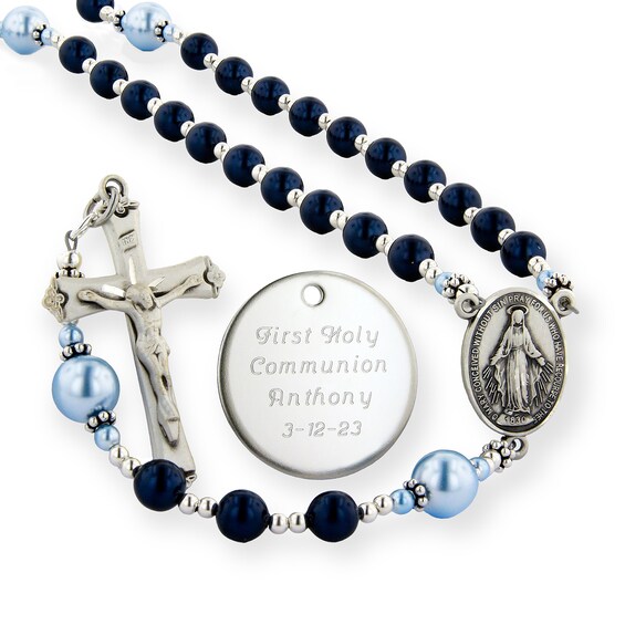 Simulated Pearl and Polished Bead Rosary with Virgin Mary and Engravable Disc Necklace (5 Lines and 1 Color)