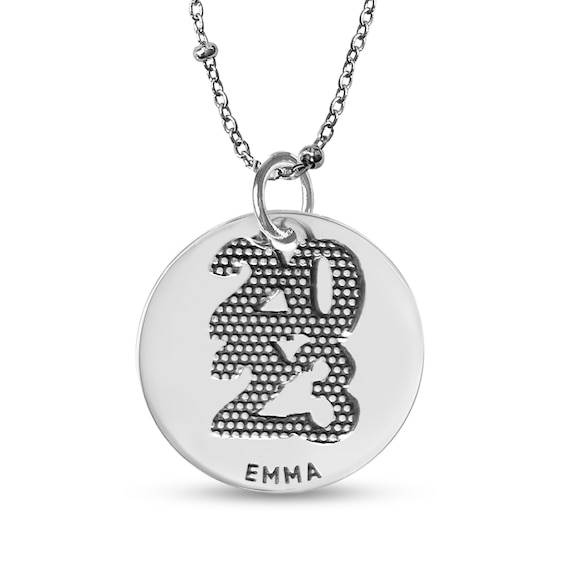 Graduation Year Charm and Engravable Disc Pendant in Sterling Silver (3 Lines)