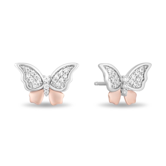Enchanted Disney Mulan 1/8 CT. T.w. Diamond Butterfly Stud Earrings in Sterling Silver and 10K Rose Gold