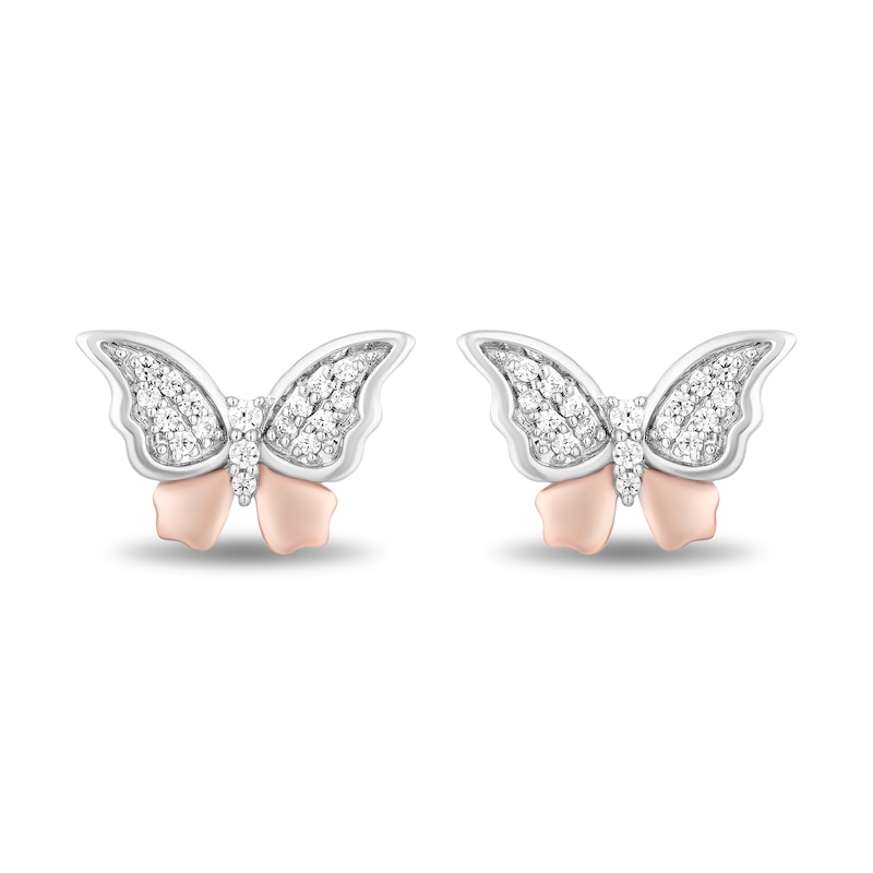 Enchanted Disney Mulan 1/8 CT. T.W. Diamond Butterfly Stud Earrings in Sterling Silver and 10K Rose Gold